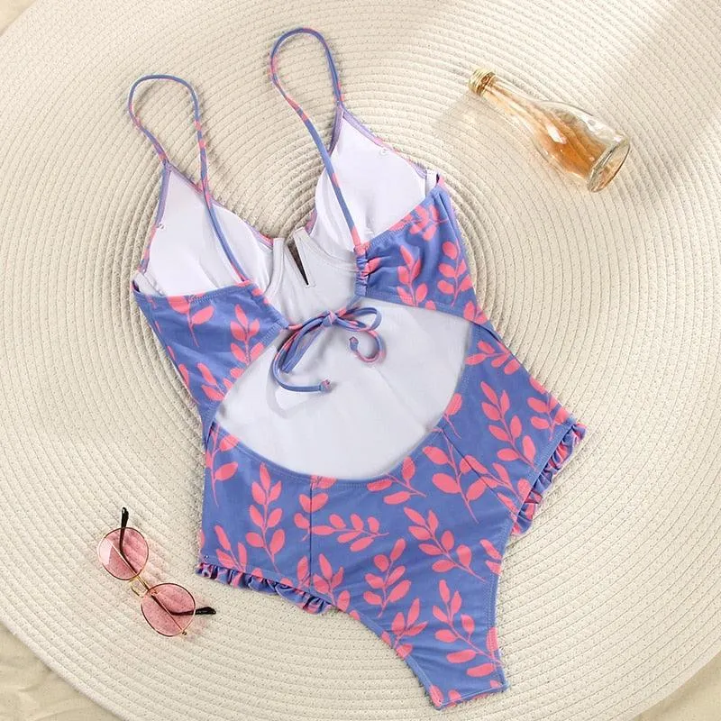 1Piece V Neck Swimwear Bathing Suit Floral Purple Black Monokini Ruffle One Piece Swimsuit
