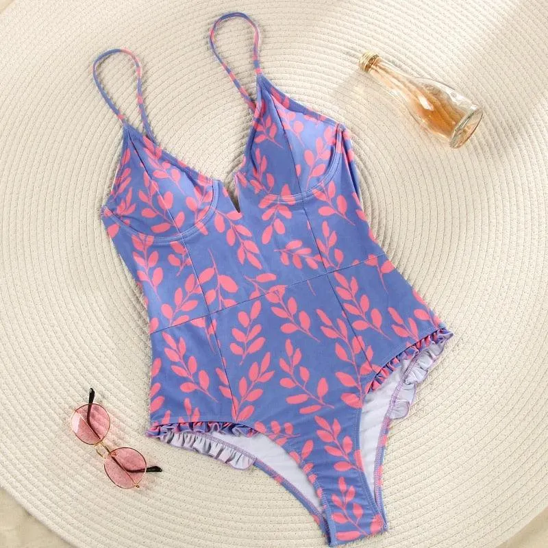 1Piece V Neck Swimwear Bathing Suit Floral Purple Black Monokini Ruffle One Piece Swimsuit