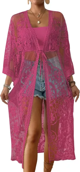 Bsubseach Kimonos for Women Lace Sexy Swimsuit Cover Ups Open Front Beach Robe Summer Cardigan