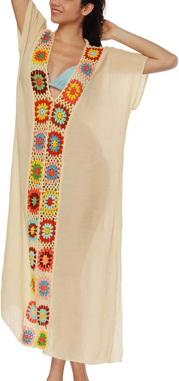 Bsubseach Women Mexican Embroidered Kaftan Dresses Deep V Neck Short Sleeve Beach Side Split Cover Up for Women Caftan Dress