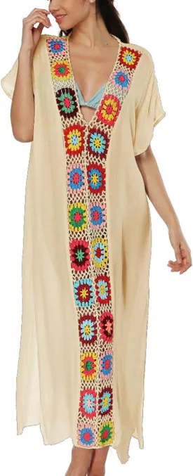 Bsubseach Women Mexican Embroidered Kaftan Dresses Deep V Neck Short Sleeve Beach Side Split Cover Up for Women Caftan Dress
