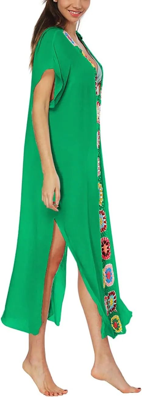 Bsubseach Women Mexican Embroidered Kaftan Dresses Deep V Neck Short Sleeve Beach Side Split Cover Up for Women Caftan Dress