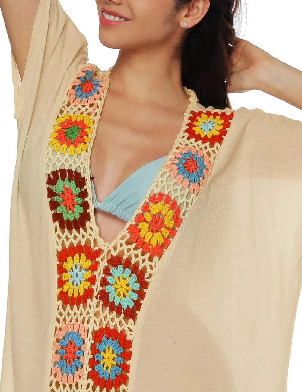 Bsubseach Women Mexican Embroidered Kaftan Dresses Deep V Neck Short Sleeve Beach Side Split Cover Up for Women Caftan Dress