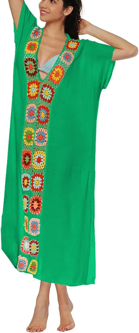 Bsubseach Women Mexican Embroidered Kaftan Dresses Deep V Neck Short Sleeve Beach Side Split Cover Up for Women Caftan Dress