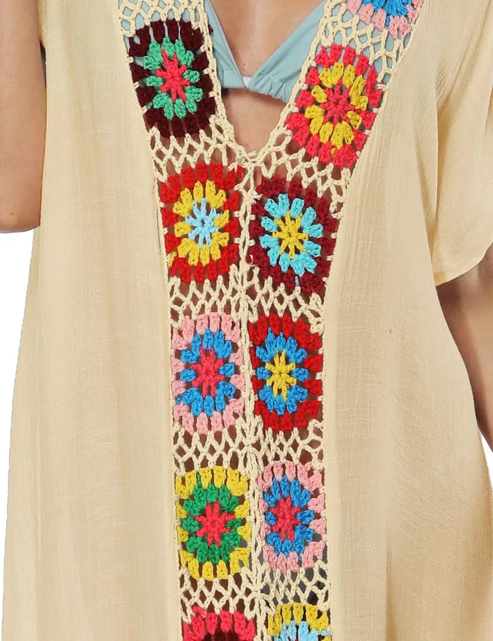 Bsubseach Women Mexican Embroidered Kaftan Dresses Deep V Neck Short Sleeve Beach Side Split Cover Up for Women Caftan Dress