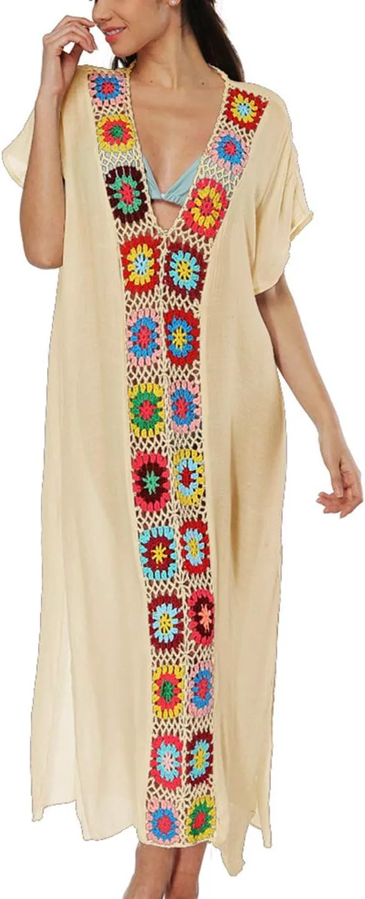 Bsubseach Women Mexican Embroidered Kaftan Dresses Deep V Neck Short Sleeve Beach Side Split Cover Up for Women Caftan Dress