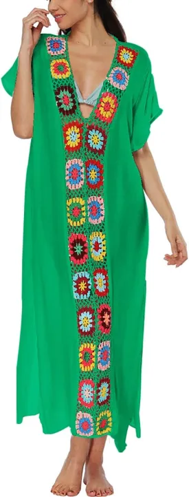 Bsubseach Women Mexican Embroidered Kaftan Dresses Deep V Neck Short Sleeve Beach Side Split Cover Up for Women Caftan Dress