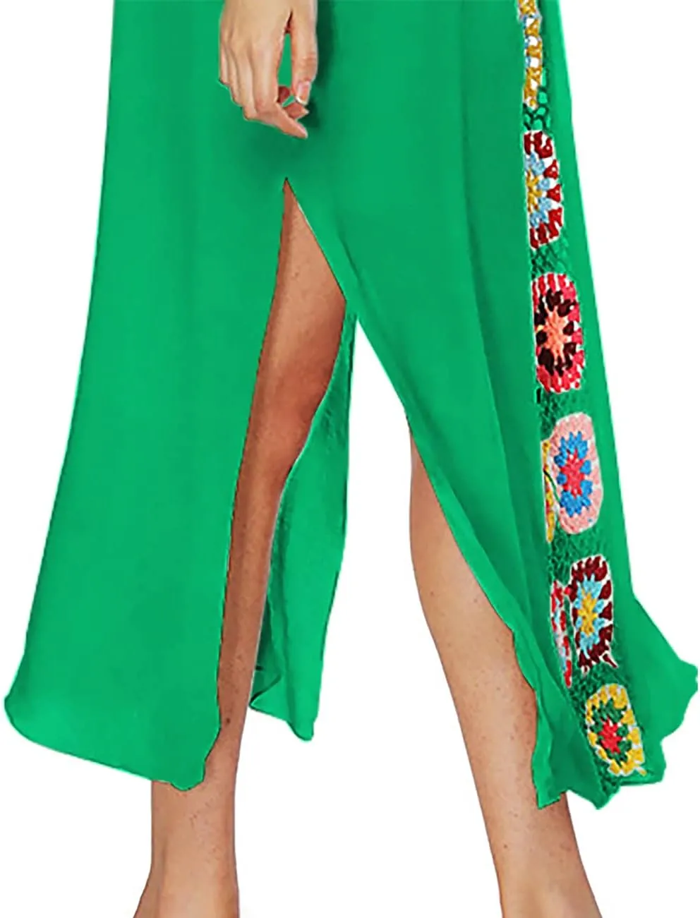 Bsubseach Women Mexican Embroidered Kaftan Dresses Deep V Neck Short Sleeve Beach Side Split Cover Up for Women Caftan Dress