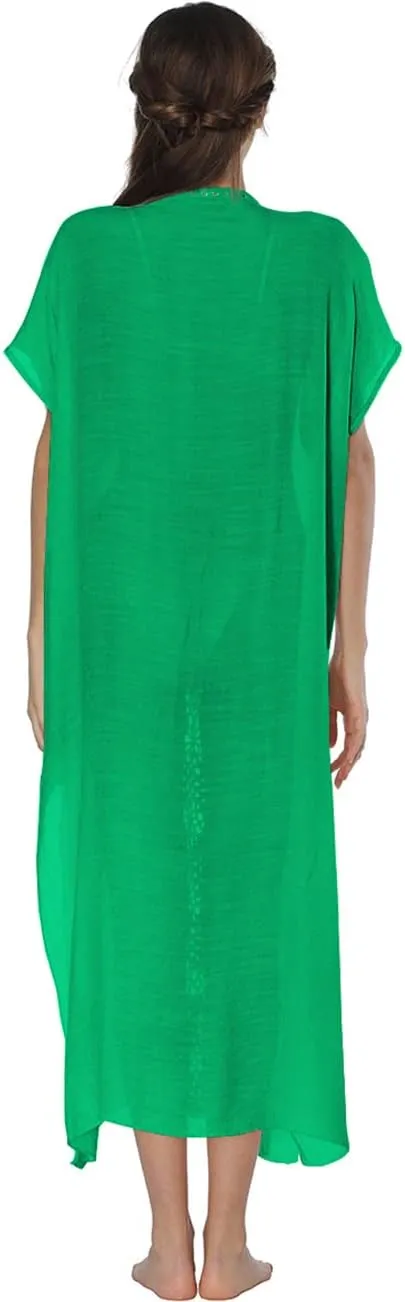 Bsubseach Women Mexican Embroidered Kaftan Dresses Deep V Neck Short Sleeve Beach Side Split Cover Up for Women Caftan Dress