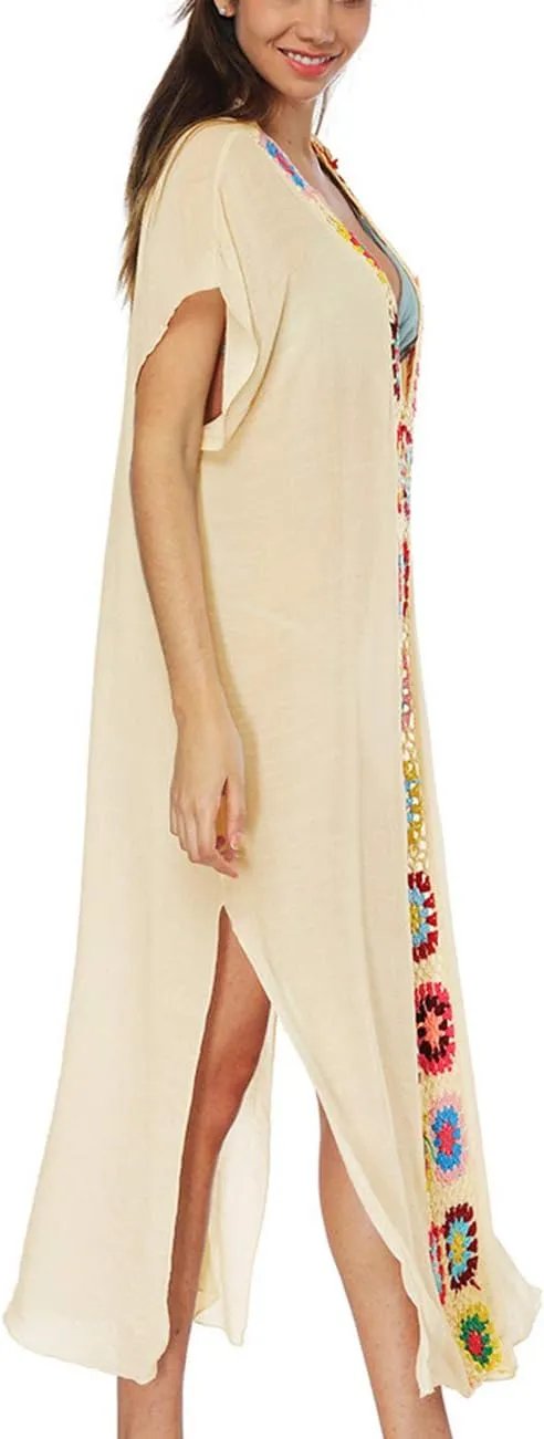 Bsubseach Women Mexican Embroidered Kaftan Dresses Deep V Neck Short Sleeve Beach Side Split Cover Up for Women Caftan Dress