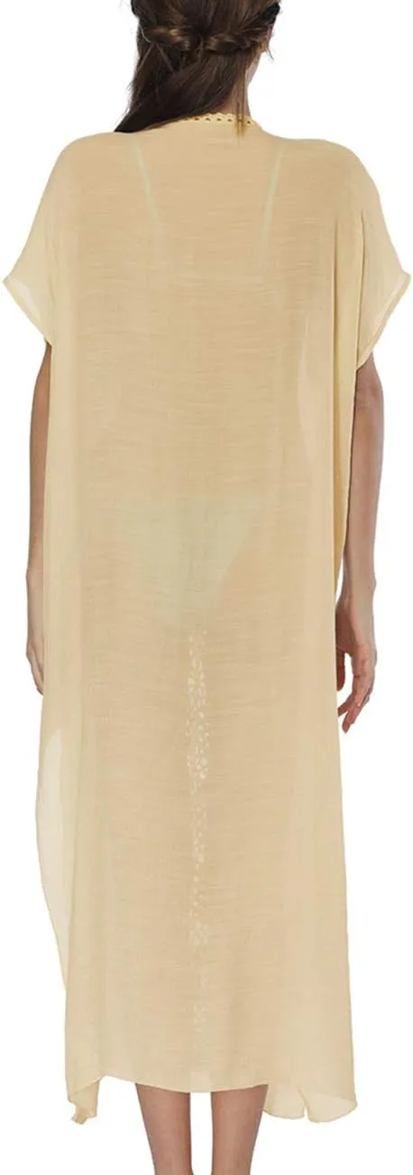 Bsubseach Women Mexican Embroidered Kaftan Dresses Deep V Neck Short Sleeve Beach Side Split Cover Up for Women Caftan Dress