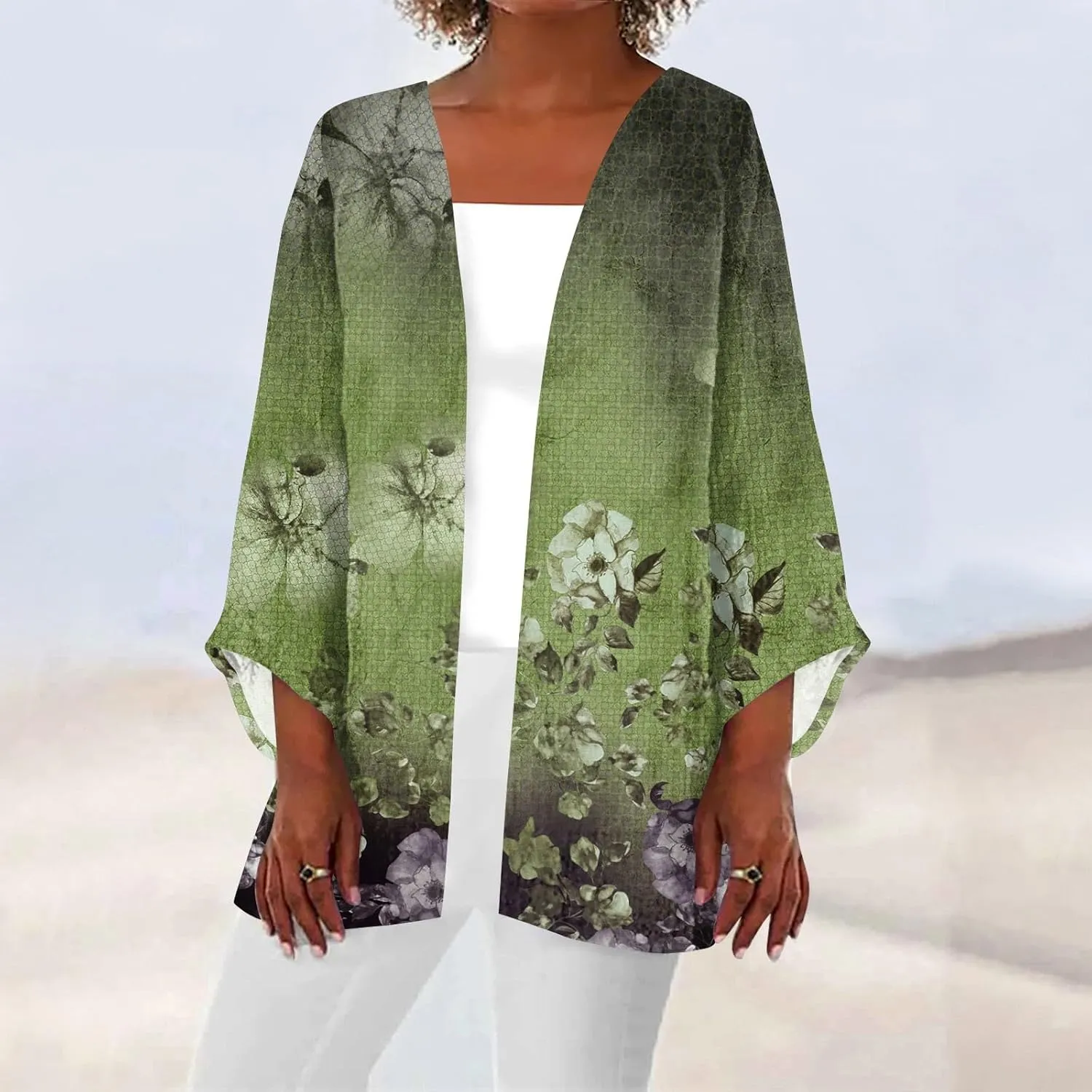 Cardigan Sweater for Womens Retro Print 3/4 Sleeve Blouse Tops Coat Casual Duster Cardigans Lightweight Jackets