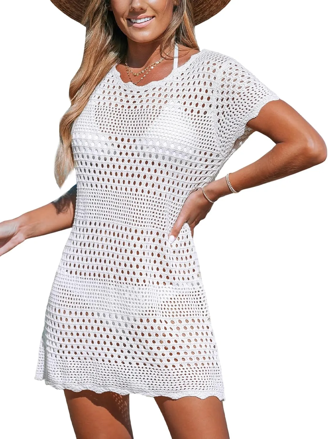 CUPSHE Women Swimsuit Coverup Crochet Bathing Suit Bikini Swimwear Knit Pullover Beach Dress