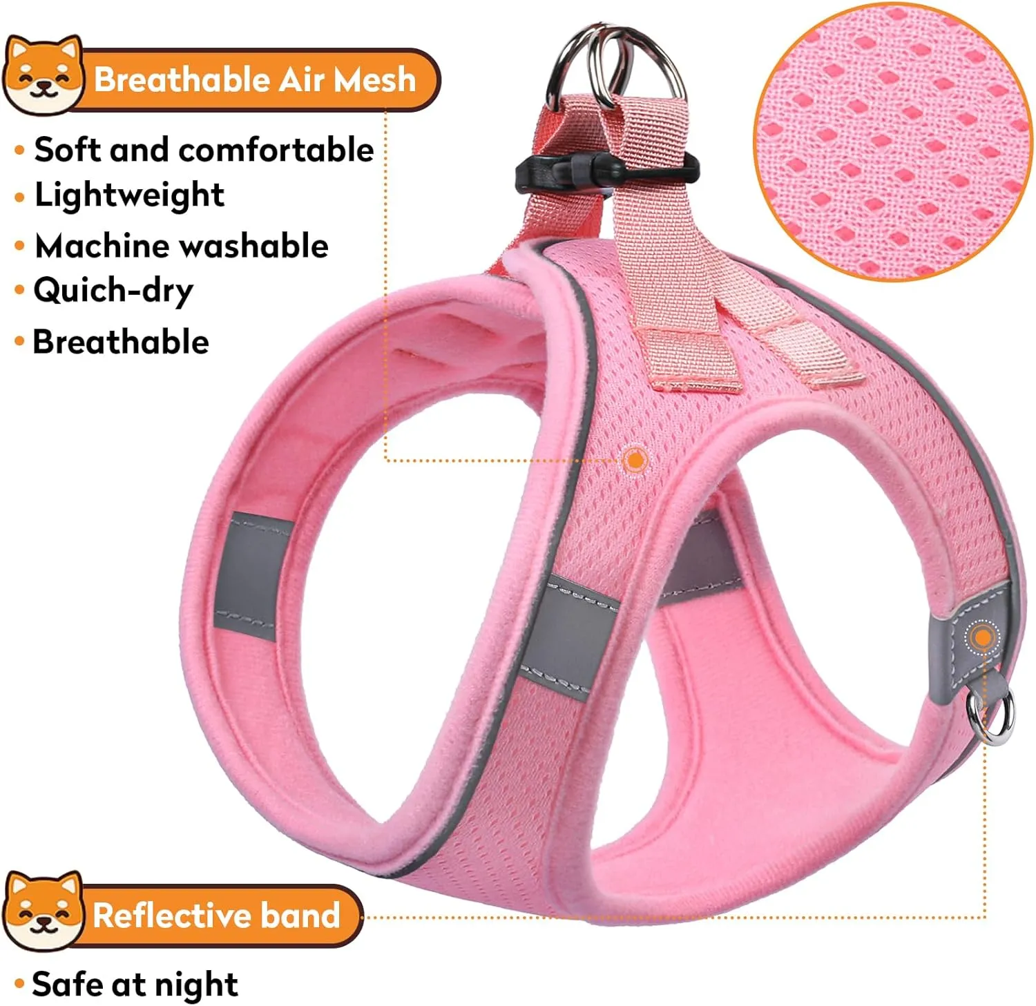 Dog Harness with Leash Set, No-Pull Step-in Reflective Pet Harness with 1 Leash Clips, Adjustable Soft Padded Easy Walk Dog Vest for Small Medium Large Dogs, Cats(Light Pink, Large)