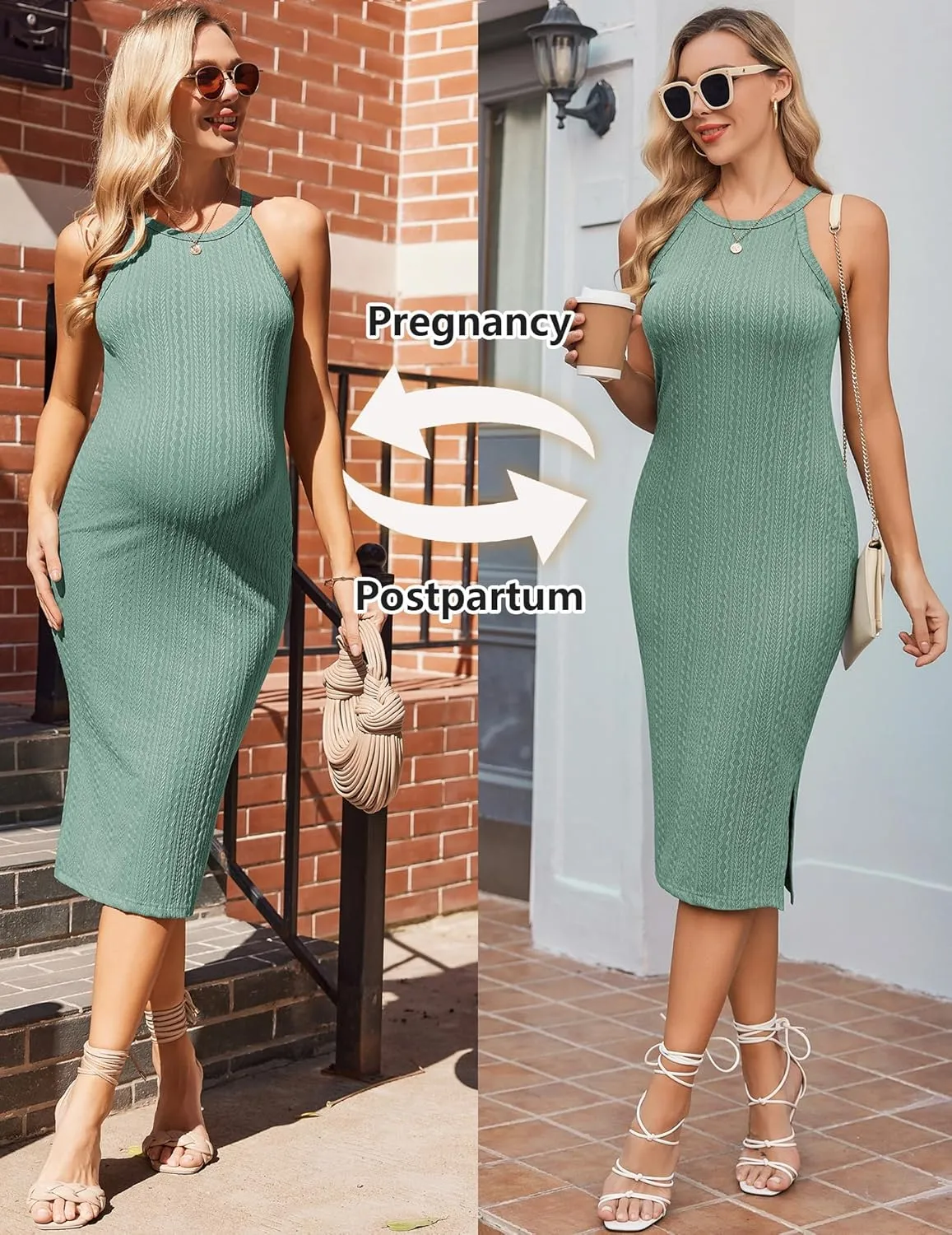 Ekouaer Maternity Dress Rib Knit Side Slit Stretchy Bodycon Pregnancy Dresses Halter Neck Sleeveless Pregnant Clothes