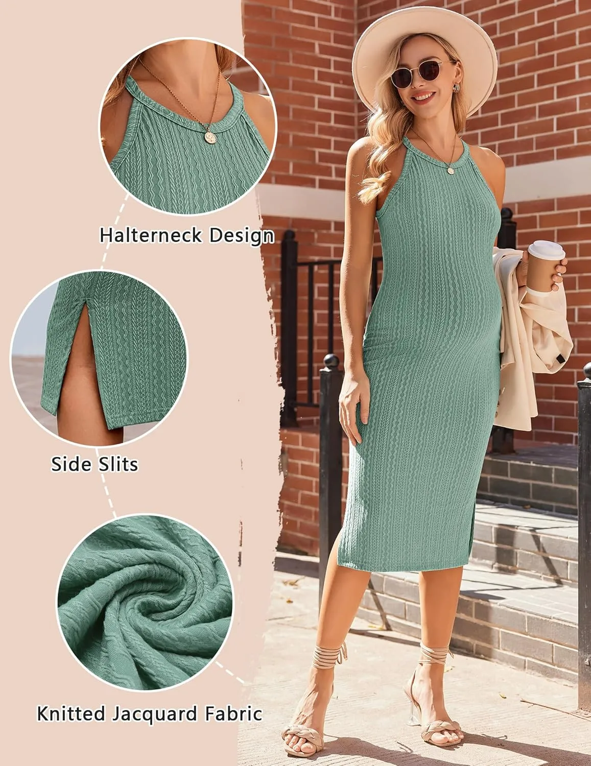Ekouaer Maternity Dress Rib Knit Side Slit Stretchy Bodycon Pregnancy Dresses Halter Neck Sleeveless Pregnant Clothes