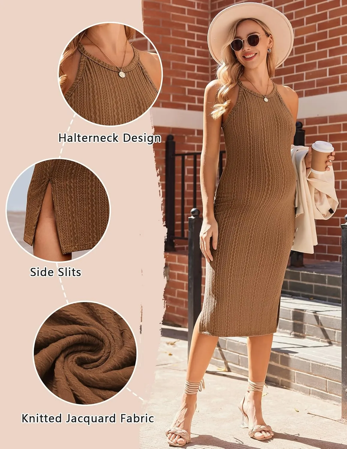 Ekouaer Maternity Dress Rib Knit Side Slit Stretchy Bodycon Pregnancy Dresses Halter Neck Sleeveless Pregnant Clothes