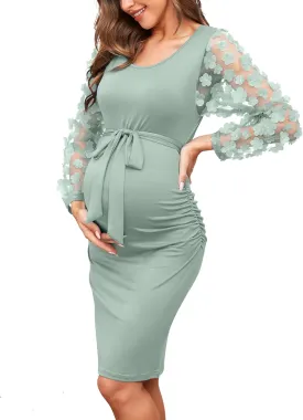 Floral Mesh Bishop Long Sleeve Maternity Midi Dress, Fall Maternity Bodycon Dress for Baby Shower/Photoshoot