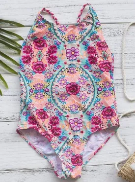 Girls Beachy Flower One Piece Swimsuit