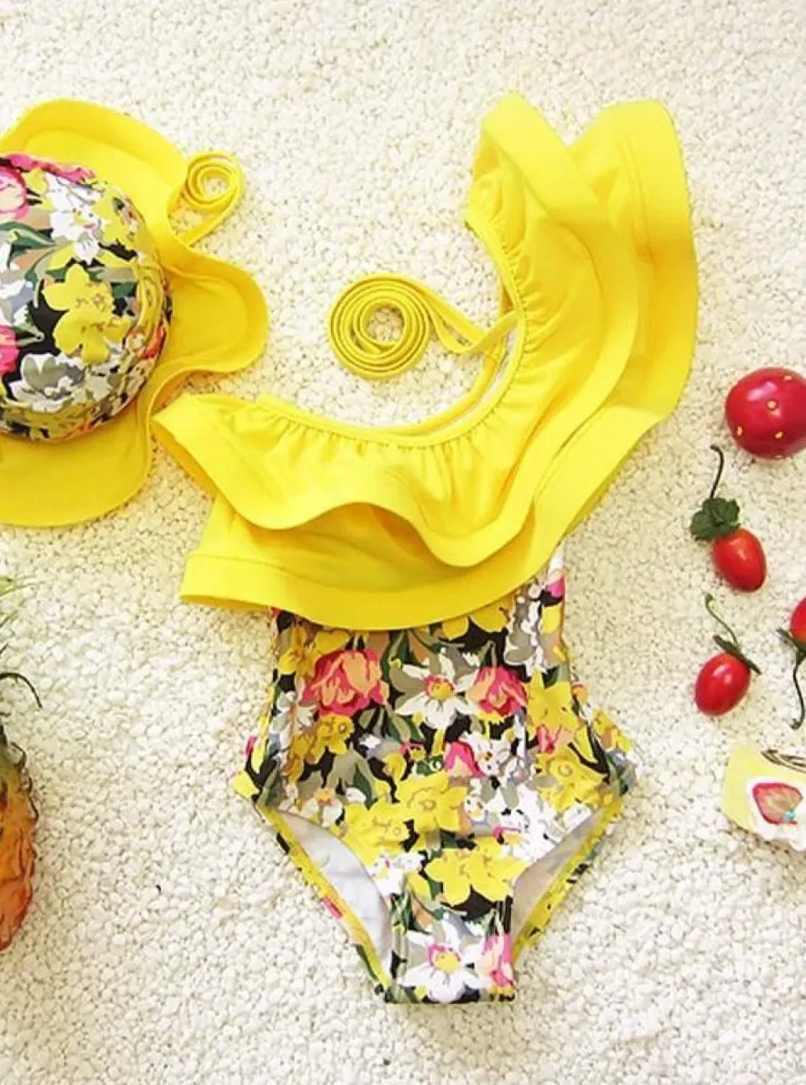 Girls Large Double Ruffled One Shoulder Floral One Piece Swimsuit