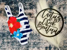Girls Striped Floral Swim One Piece