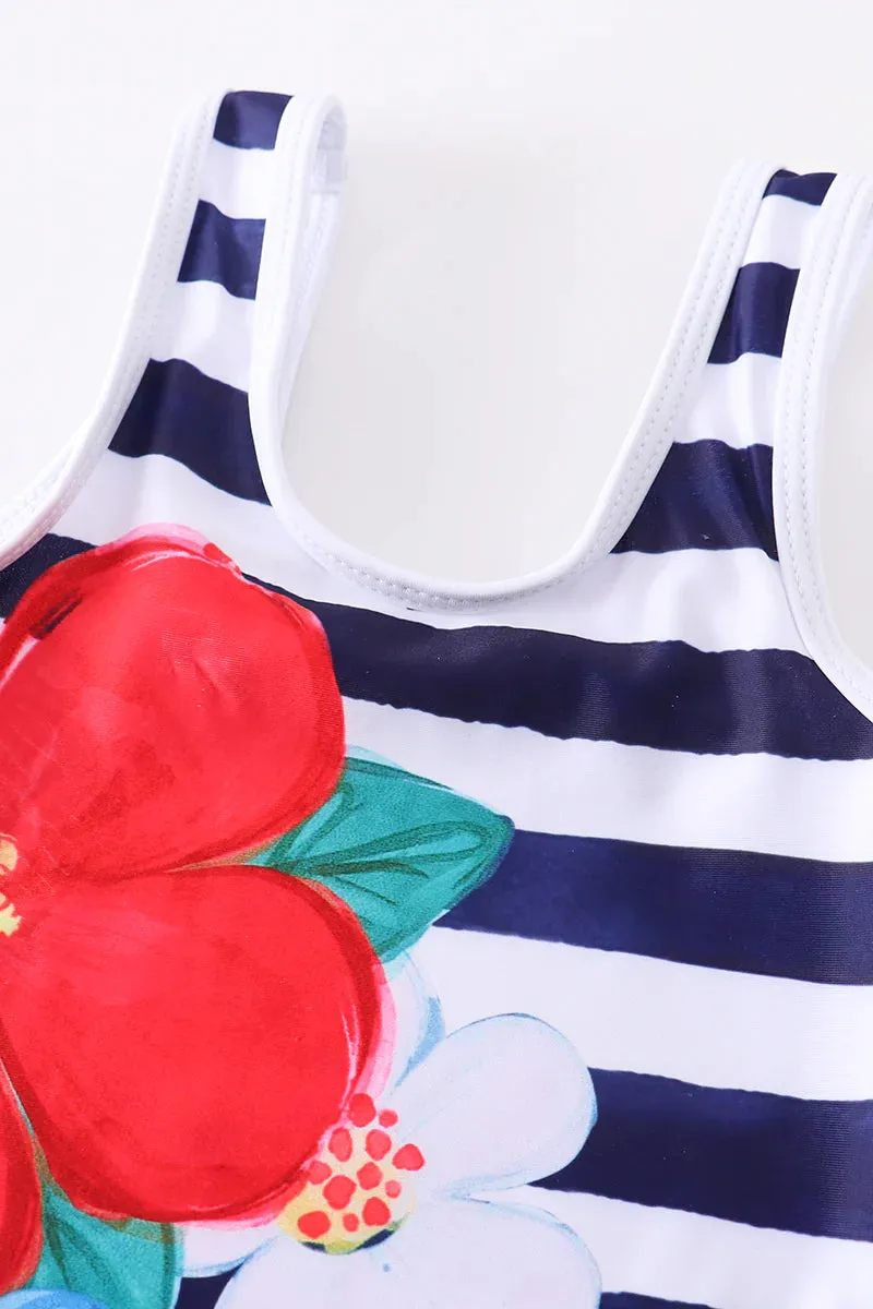 Girls Striped Floral Swim One Piece