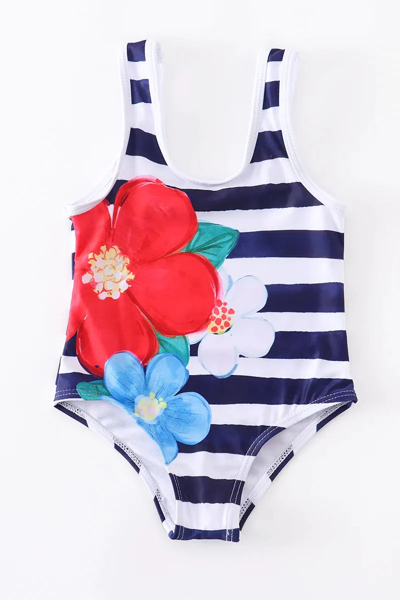 Girls Striped Floral Swim One Piece