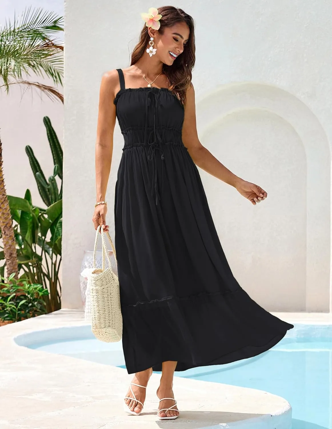 GRACE KARIN 2025 Womens Summer Flowy A-line Boho Dresses Spaghetti Strap Long Beach Sundress Smocked Maxi Dress with Pockets
