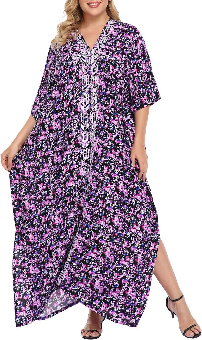 HDE Women UPF 30  Kaftan Dress Oversize V Neck Long Plus Size Maxi Swim Cover Up