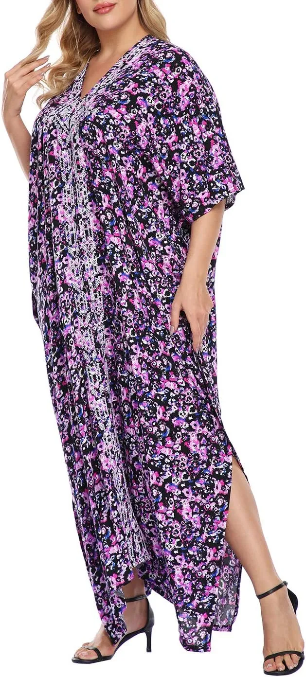 HDE Women UPF 30  Kaftan Dress Oversize V Neck Long Plus Size Maxi Swim Cover Up