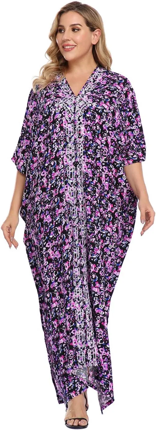 HDE Women UPF 30  Kaftan Dress Oversize V Neck Long Plus Size Maxi Swim Cover Up