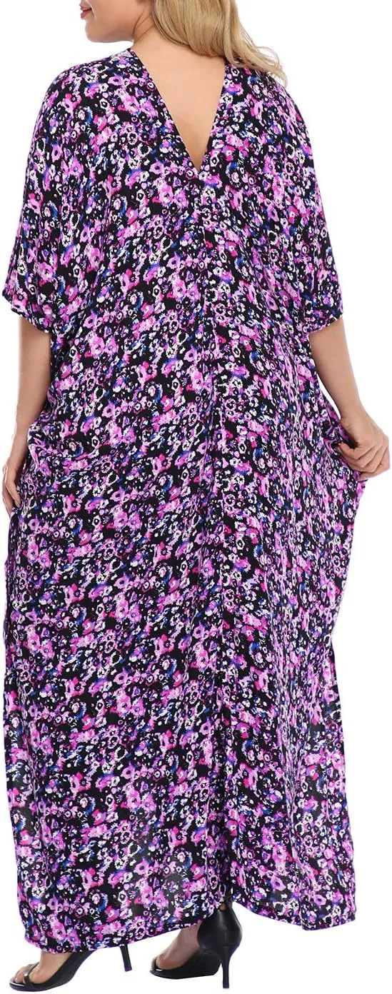 HDE Women UPF 30  Kaftan Dress Oversize V Neck Long Plus Size Maxi Swim Cover Up