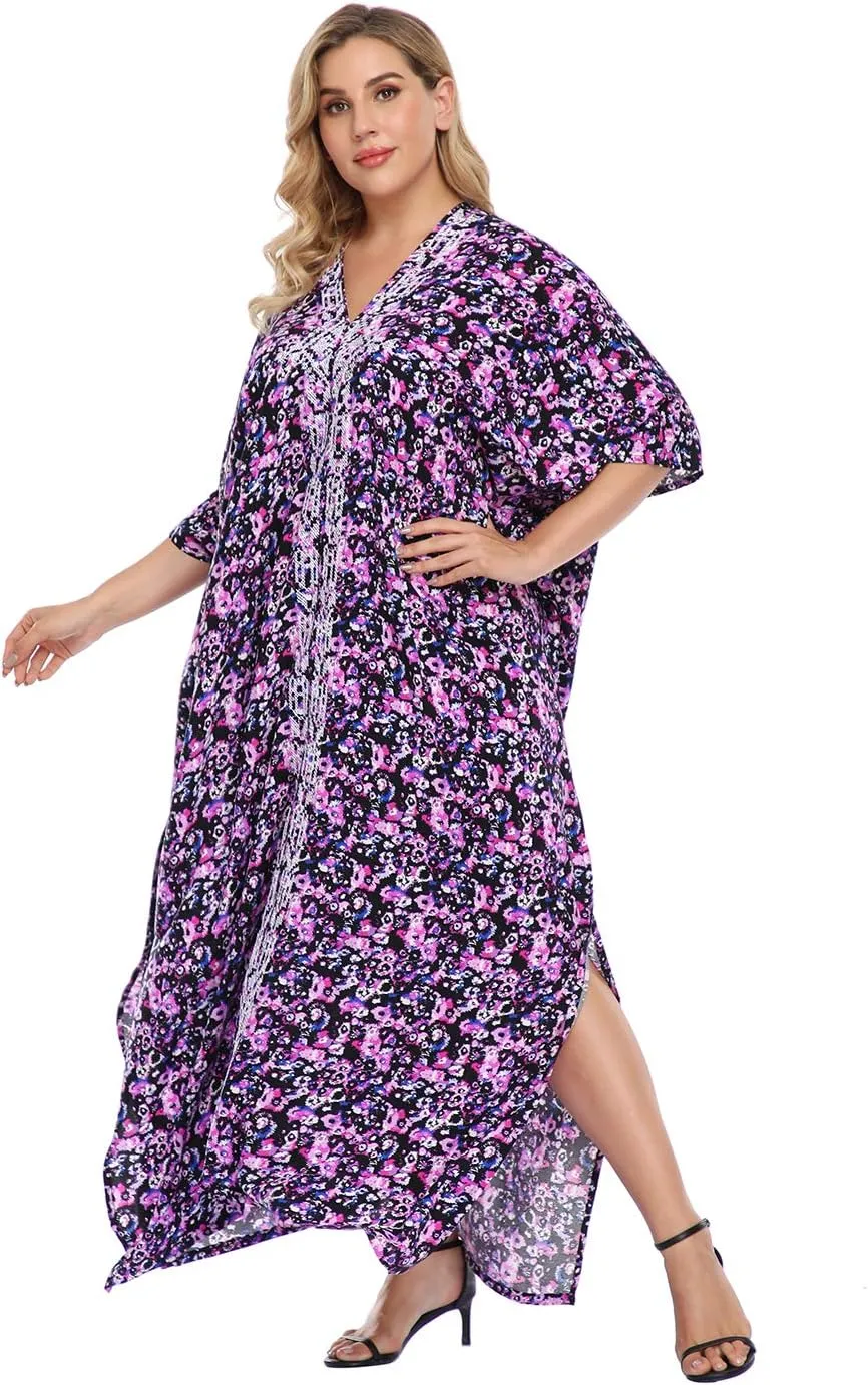 HDE Women UPF 30  Kaftan Dress Oversize V Neck Long Plus Size Maxi Swim Cover Up