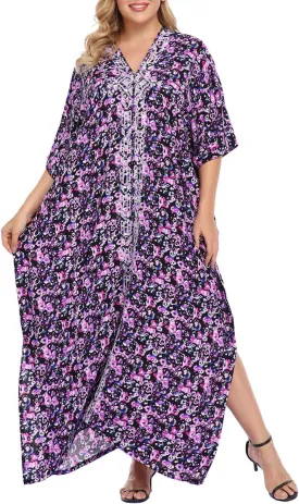 HDE Women UPF 30  Kaftan Dress Oversize V Neck Long Plus Size Maxi Swim Cover Up