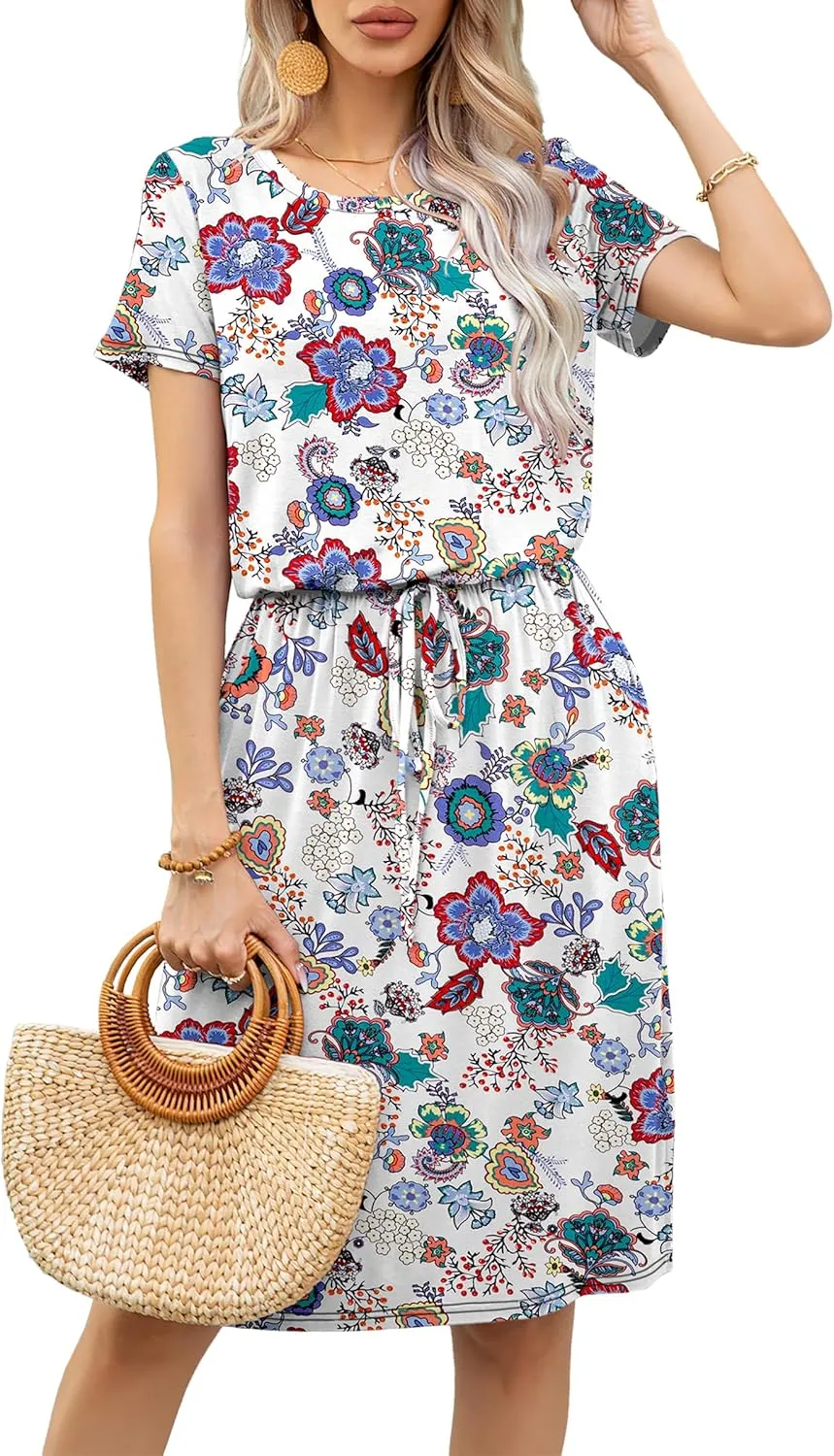 levaca Womens Summer Casual Dress Belly Drawstring Beach Coverup Short Sleeve 2025 Outfit Midi Sundress with Pockets