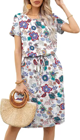 levaca Womens Summer Casual Dress Belly Drawstring Beach Coverup Short Sleeve 2025 Outfit Midi Sundress with Pockets