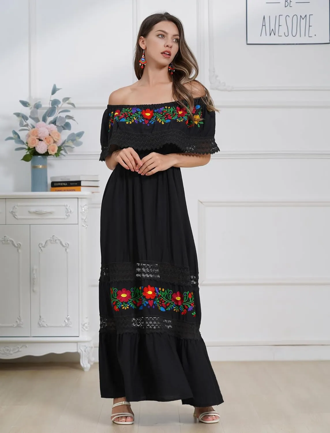 Mexican Dress for Women Floral Embroidery Maxi Off-Shoulder Ruffle Sleeveless Traditional Fiesta Dresses