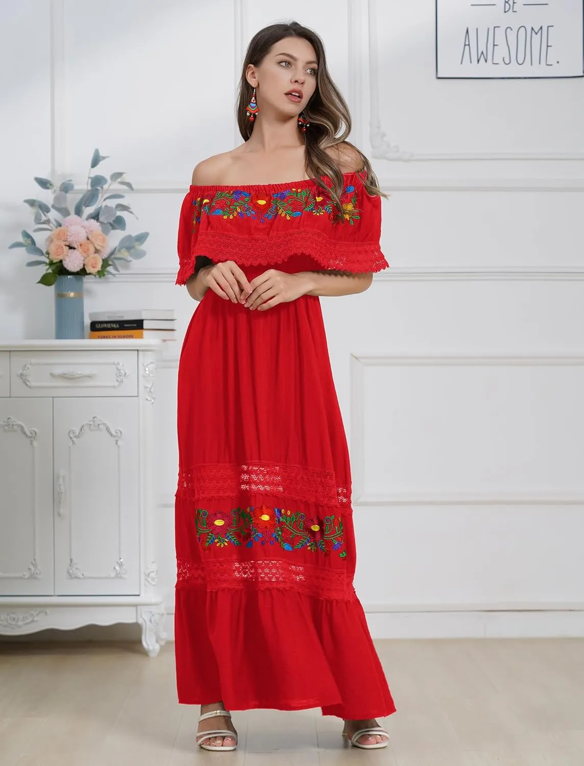 Mexican Dress for Women Floral Embroidery Maxi Off-Shoulder Ruffle Sleeveless Traditional Fiesta Dresses