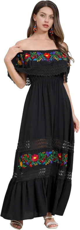 Mexican Dress for Women Floral Embroidery Maxi Off-Shoulder Ruffle Sleeveless Traditional Fiesta Dresses