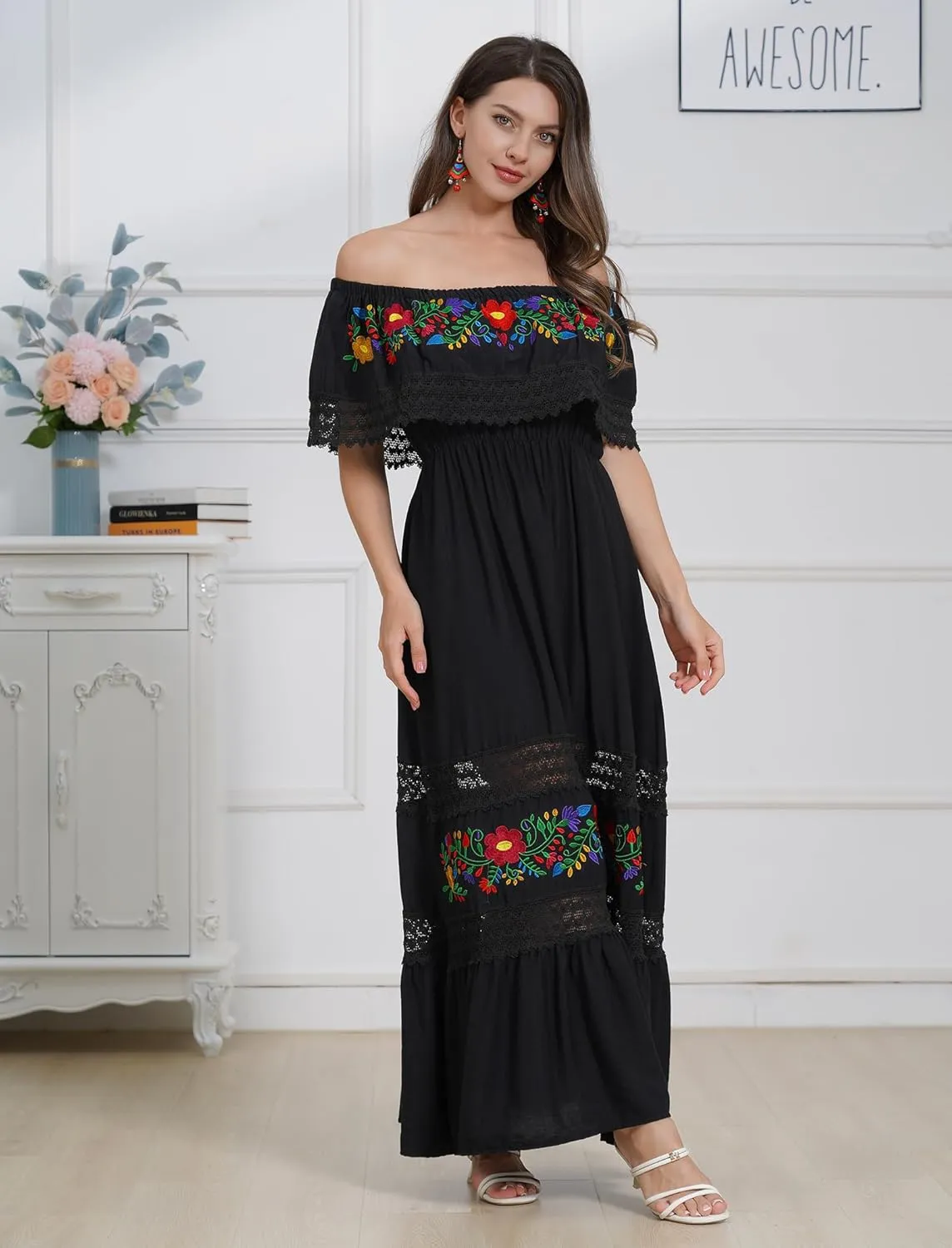 Mexican Dress for Women Floral Embroidery Maxi Off-Shoulder Ruffle Sleeveless Traditional Fiesta Dresses