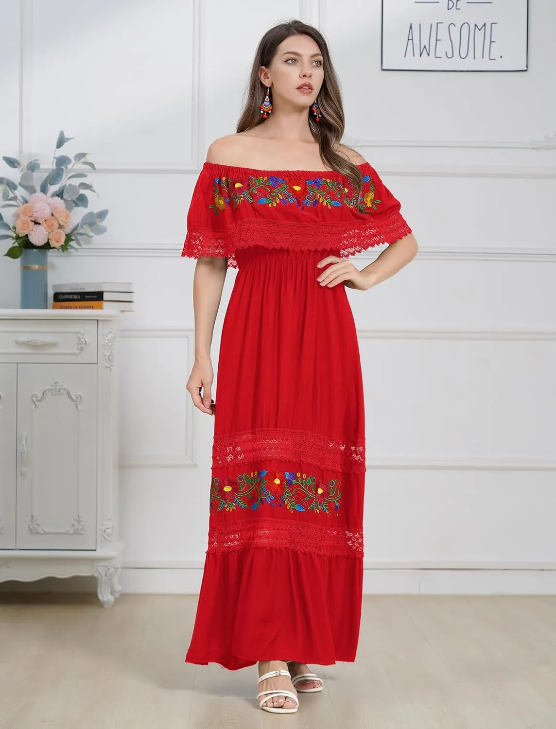 Mexican Dress for Women Floral Embroidery Maxi Off-Shoulder Ruffle Sleeveless Traditional Fiesta Dresses