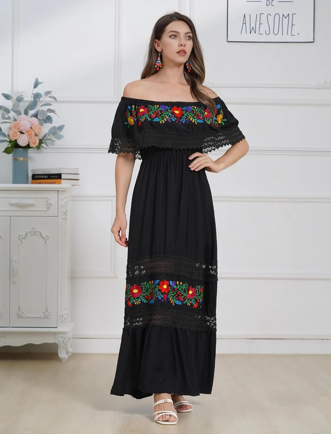 Mexican Dress for Women Floral Embroidery Maxi Off-Shoulder Ruffle Sleeveless Traditional Fiesta Dresses