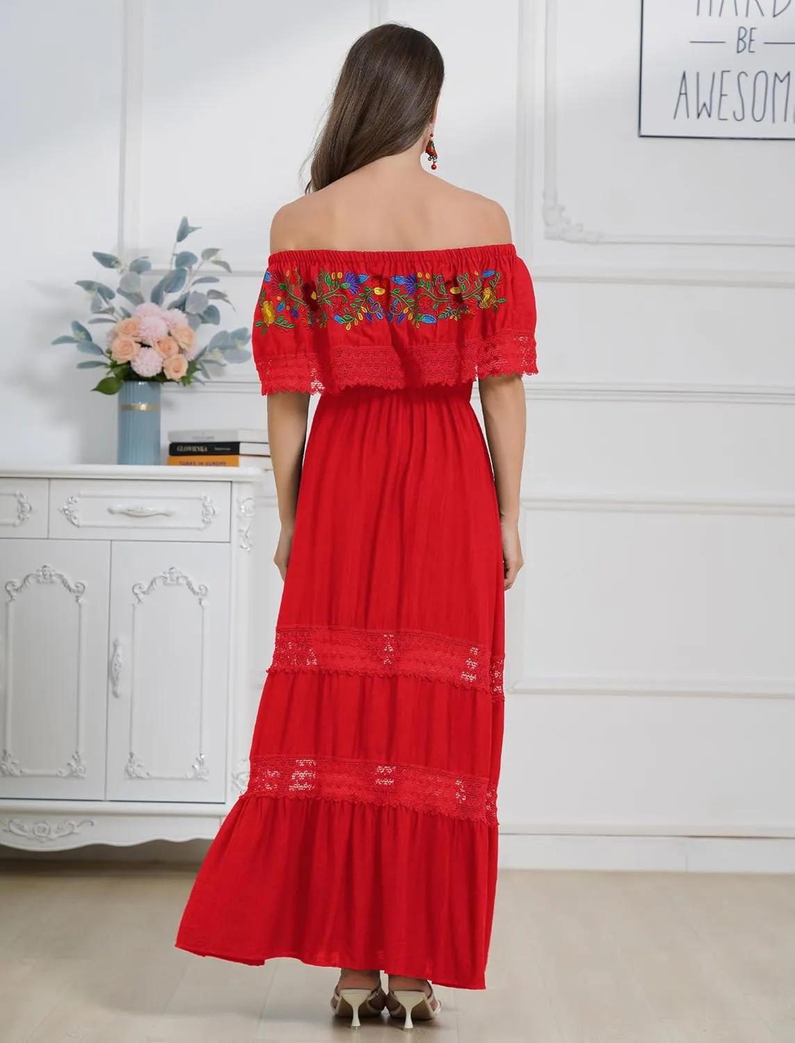Mexican Dress for Women Floral Embroidery Maxi Off-Shoulder Ruffle Sleeveless Traditional Fiesta Dresses