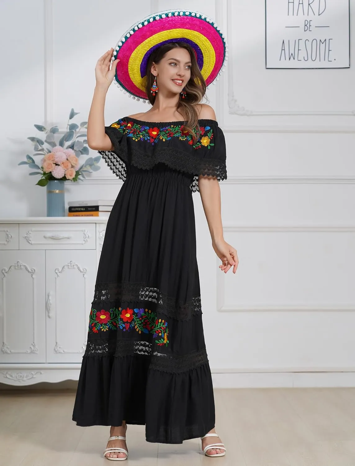 Mexican Dress for Women Floral Embroidery Maxi Off-Shoulder Ruffle Sleeveless Traditional Fiesta Dresses