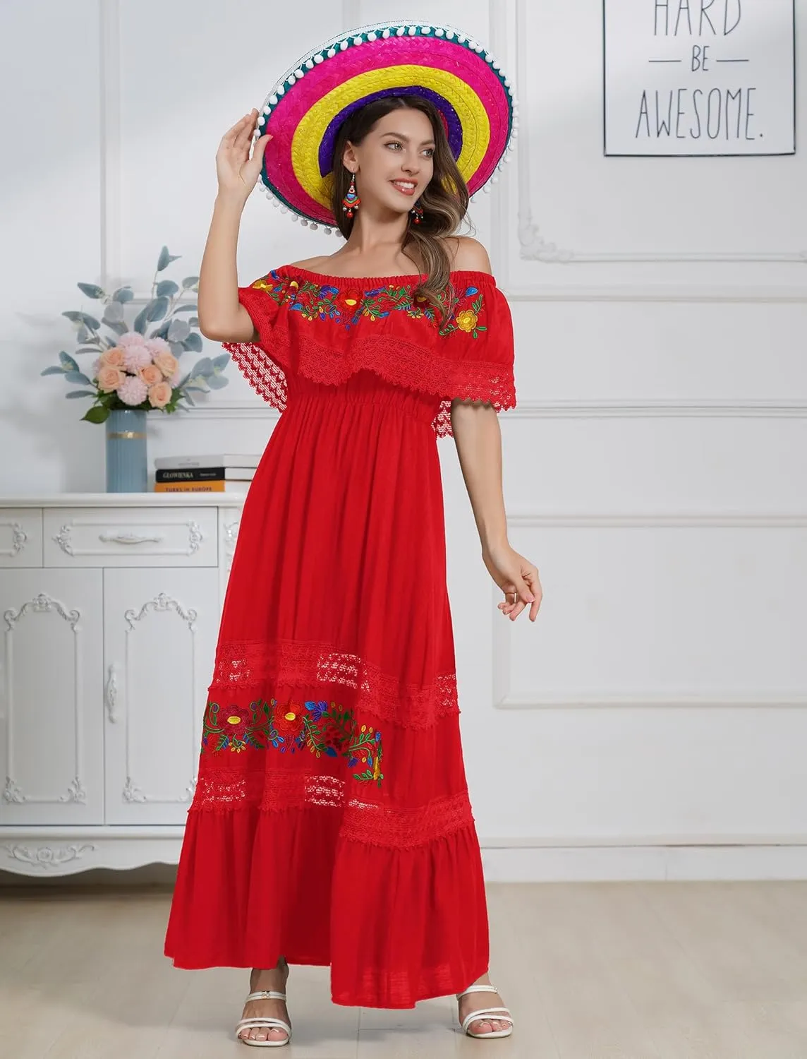 Mexican Dress for Women Floral Embroidery Maxi Off-Shoulder Ruffle Sleeveless Traditional Fiesta Dresses