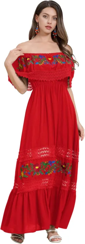 Mexican Dress for Women Floral Embroidery Maxi Off-Shoulder Ruffle Sleeveless Traditional Fiesta Dresses