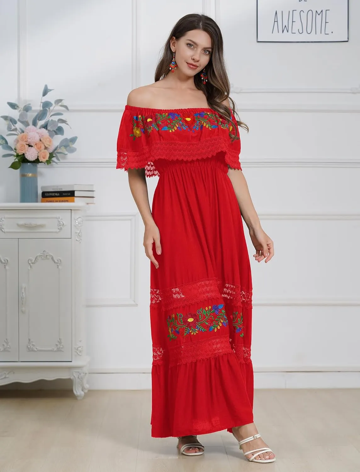 Mexican Dress for Women Floral Embroidery Maxi Off-Shoulder Ruffle Sleeveless Traditional Fiesta Dresses