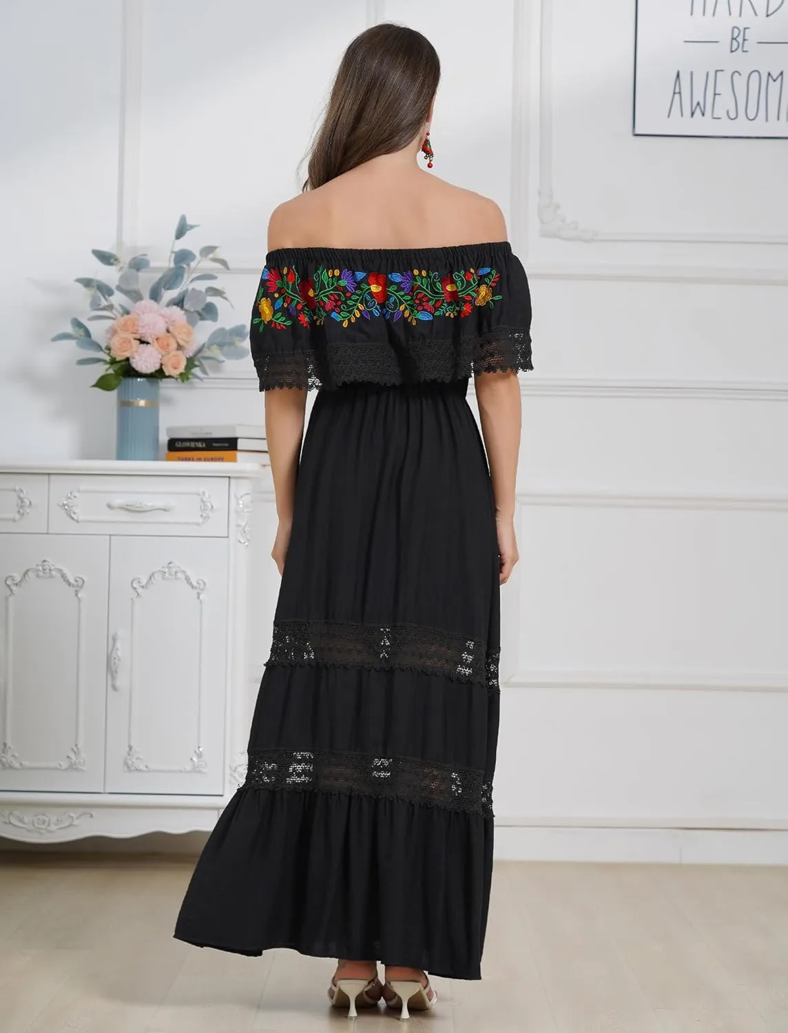 Mexican Dress for Women Floral Embroidery Maxi Off-Shoulder Ruffle Sleeveless Traditional Fiesta Dresses