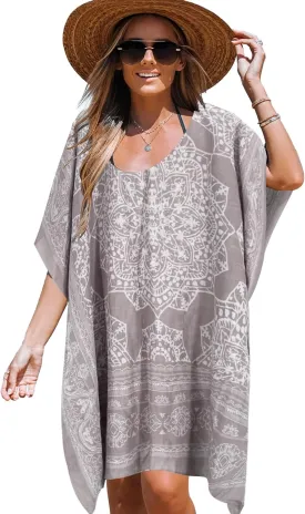 Moss Rose Women's Beach Kaftan Dresses Kimono Swimsuit Cover up for Bathing Suit with Floral Pattern