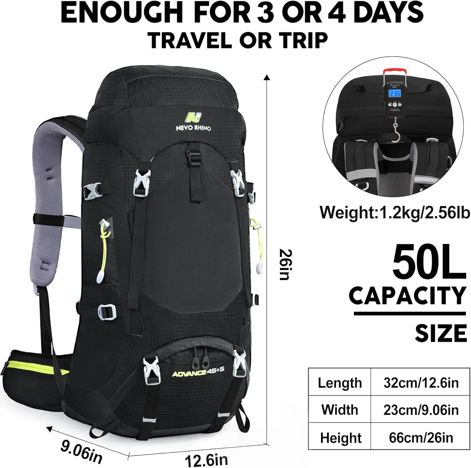 N NEVO RHINO Internal Frame Hiking Backpack 50/60/65/70/80L, Mountain Climbing Camping Backpack Daypack Waterproof Rain Cover